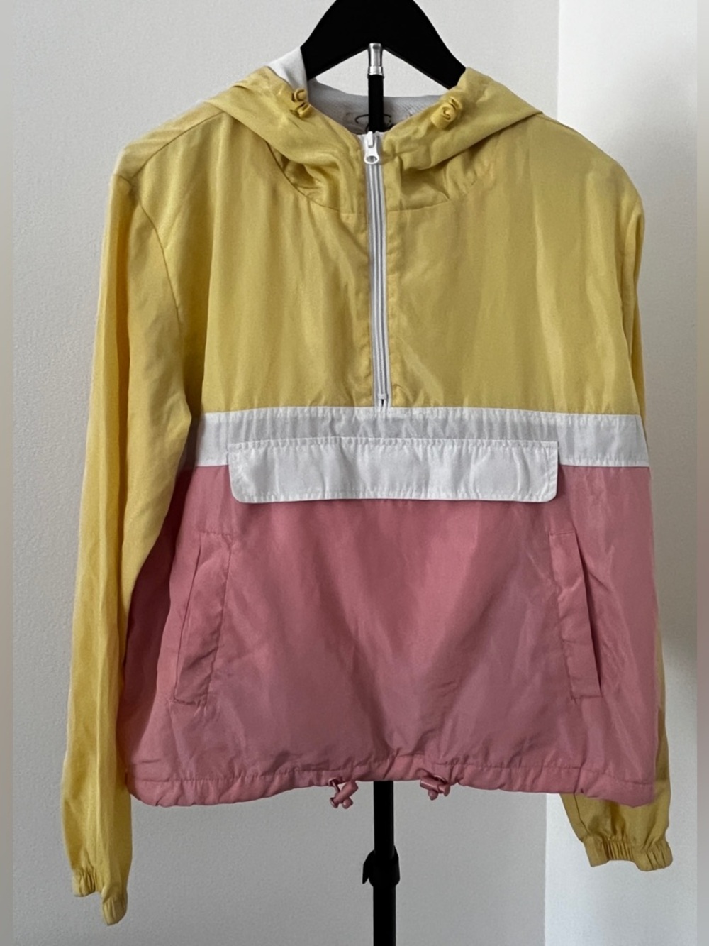 Colorblock Rain Anorak Jacket • Yellow Pink Hooded Windbreaker • Lightweight